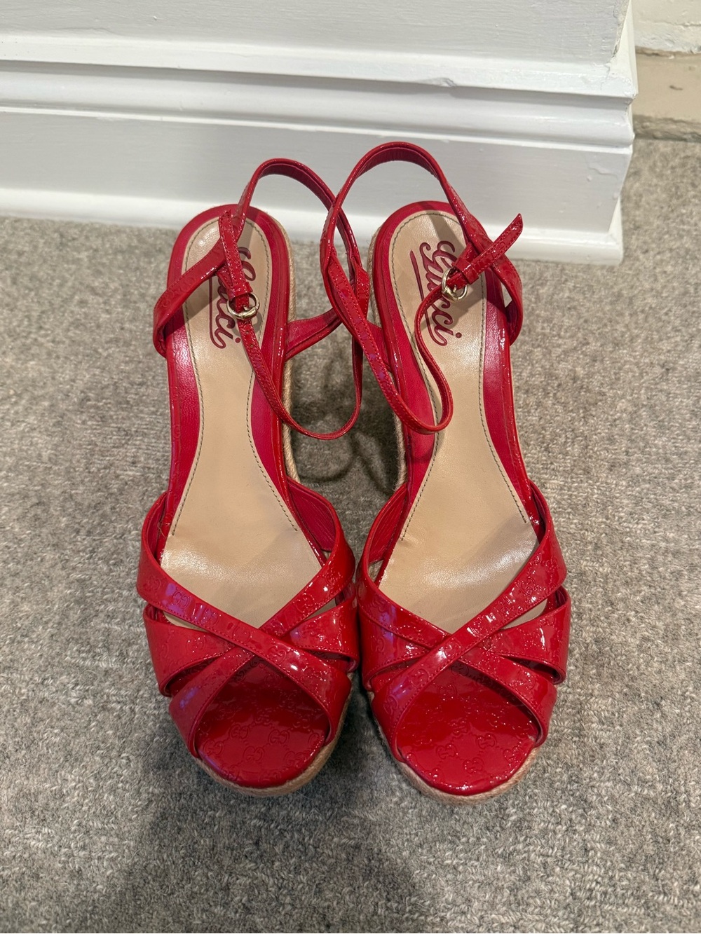 Gucci Red Patent Leather Crisscross Slingback Platform Heels
